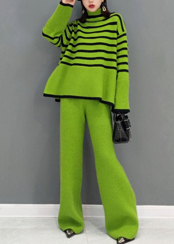 Organic Green Turtle Neck Striped wide leg pants Knit Two Pieces Set Spring CK2817- Fabulory