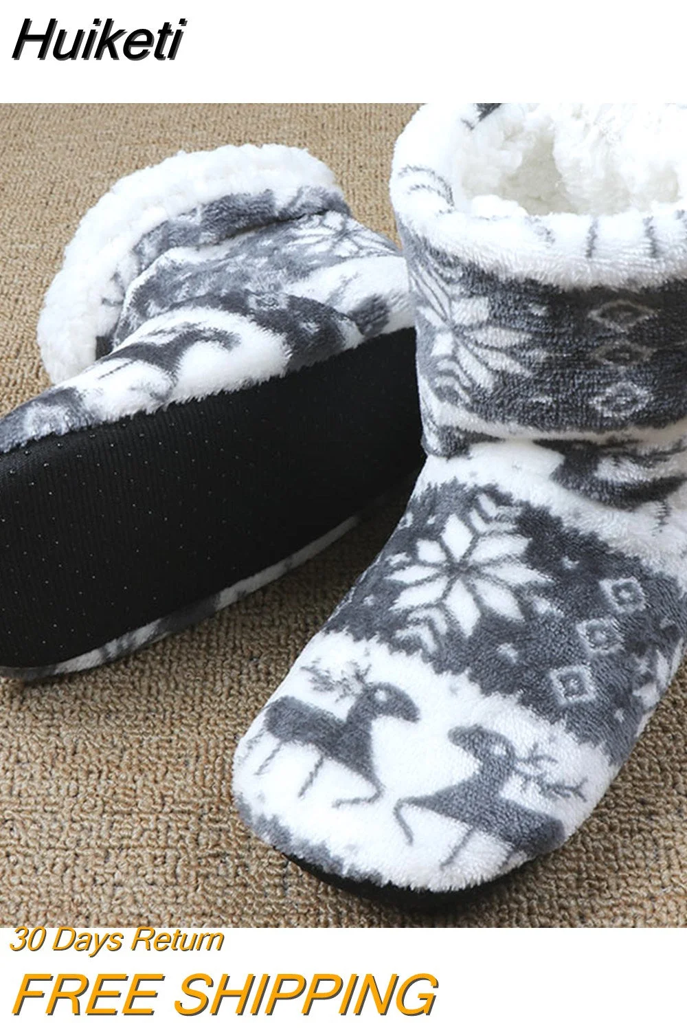 Huiketi Slippers Women Winter Floor Shoes Christmas Elk Indoor Socks Shoes Warm Fur Slides Ladies Plush Slippers Pantoffels Dames