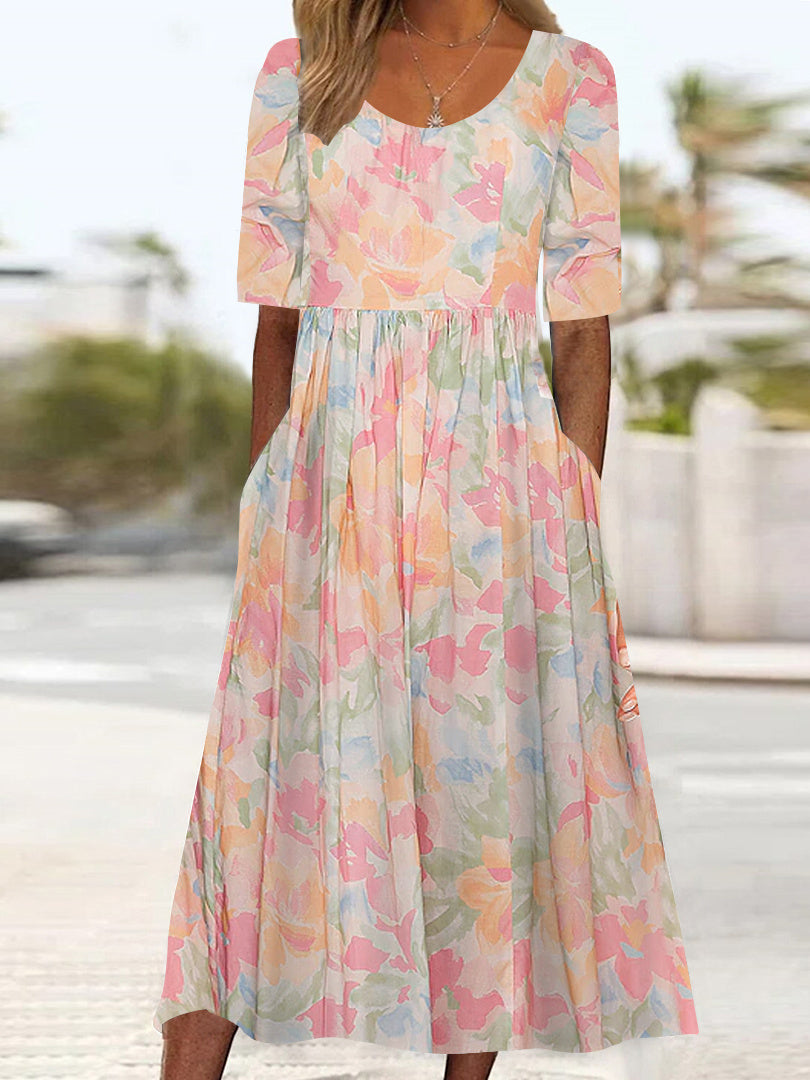 Women Half Sleeve V-neck Solid Color Dress