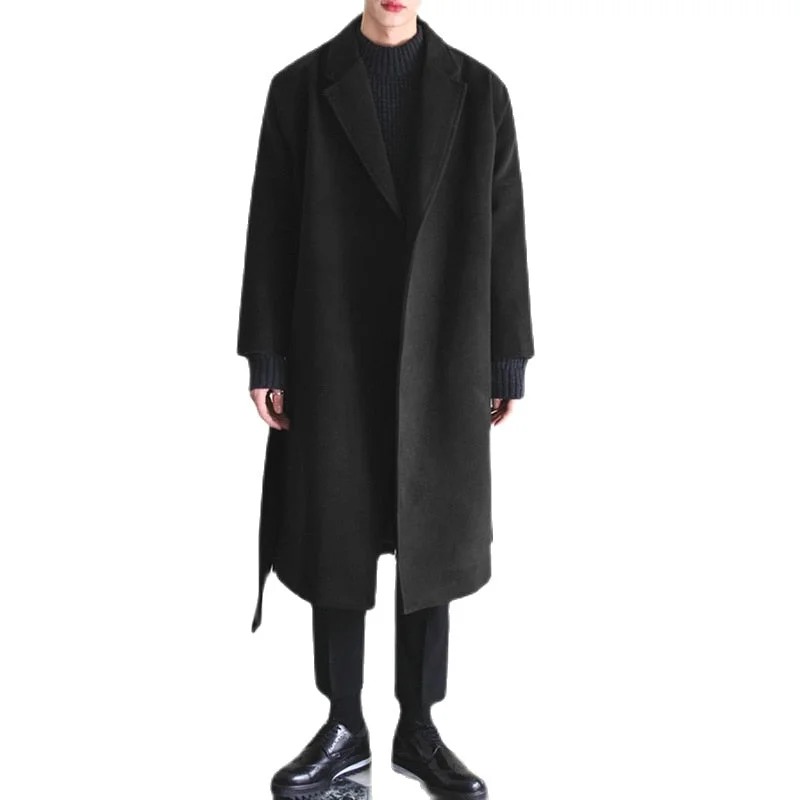 Inongge M-4XL Winter Warm Fake Wool Jackets Plain Trench Open Front Streetwear Fashion Coat for Men Long Overcoat with Belt