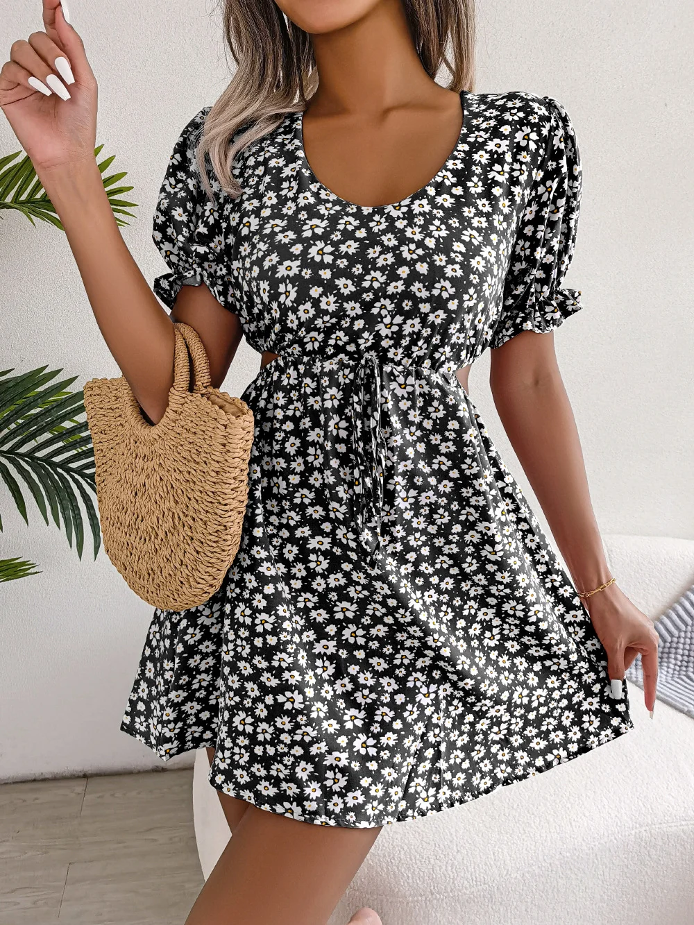 Elegant Floral Print Dress Women Summer Dresses New Casual Hollow Out Lace-up V-neck Short Puff Sleeve Mini Dress