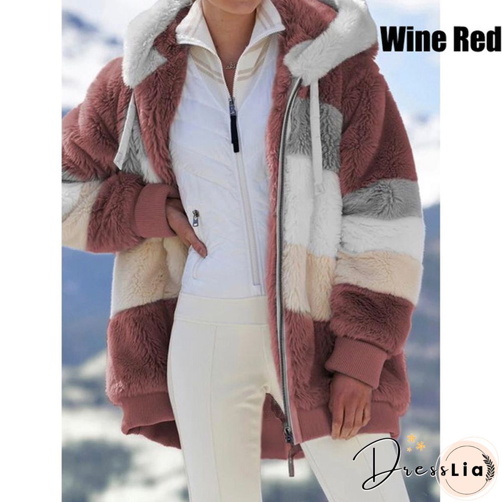 New Trend Women's Fashion Jacket Hooded Winter Warm Plush Loose Jacket for Women Patchwork Winter Outerwear Faux Fur Zipper Ladies Parka Coat Plus Size 6 Colors