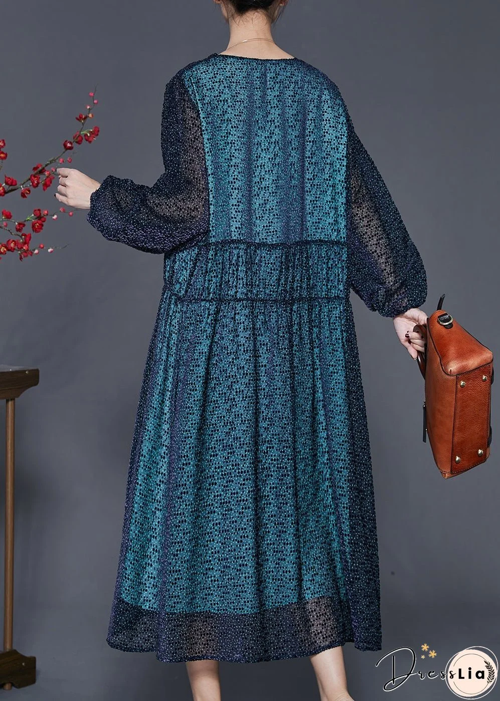 Handmade Blue V Neck Print Silk Maxi Dresses Spring