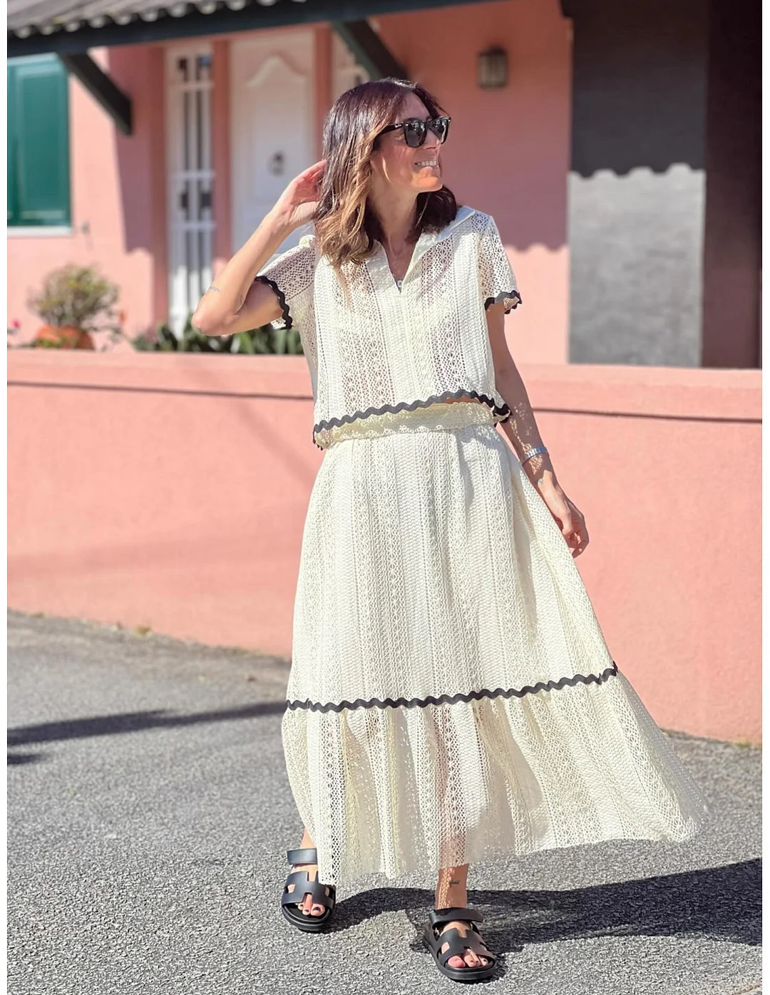 Brownm Brownm Summer New Women's Comfortable Casual Shirt Collar Lace Long Skirt Suit 88133