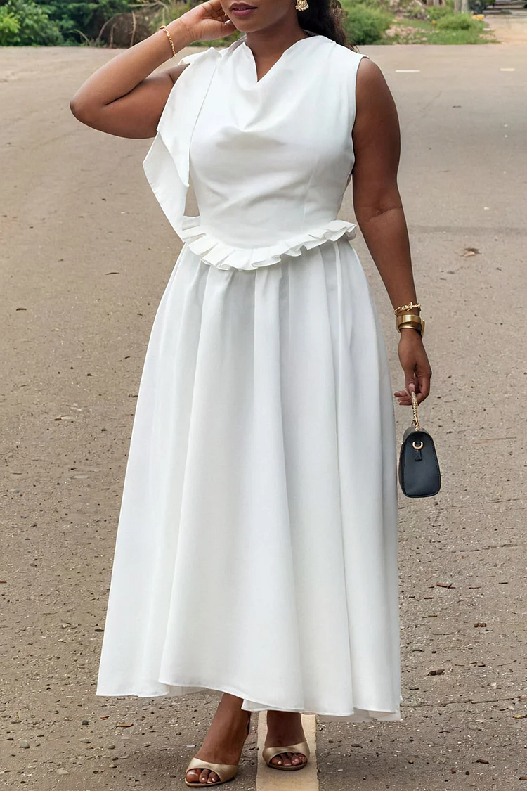 Plus Size Wedding White Cowl Neck Pleated Elegant Maxi Dresses [Pre-Order]