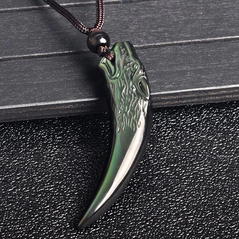 Natural Black Obsidian Ice Obsidian Rainbow Obsidian Wolf Tooth Pattern Strength Necklace Pendant