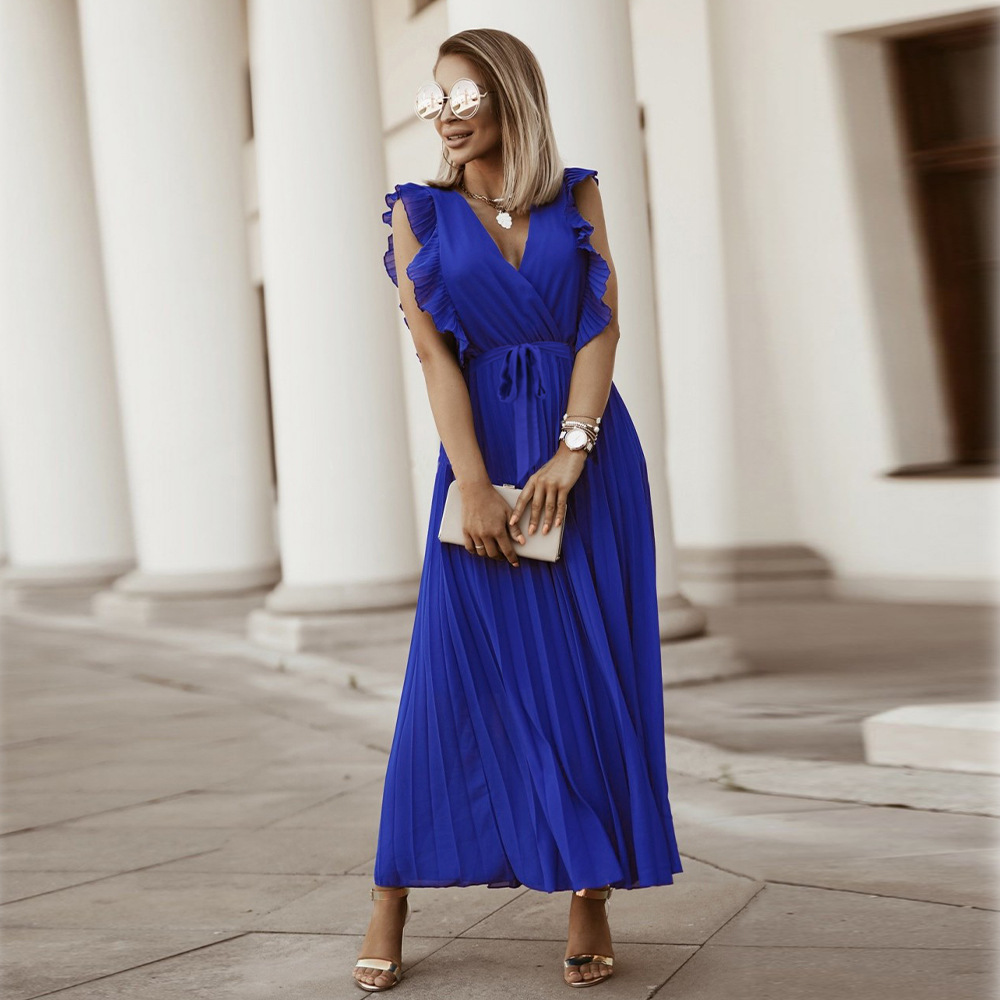 Women's Elegant Pleated Ruffle Sleeves Maxi Dress | ARKGET