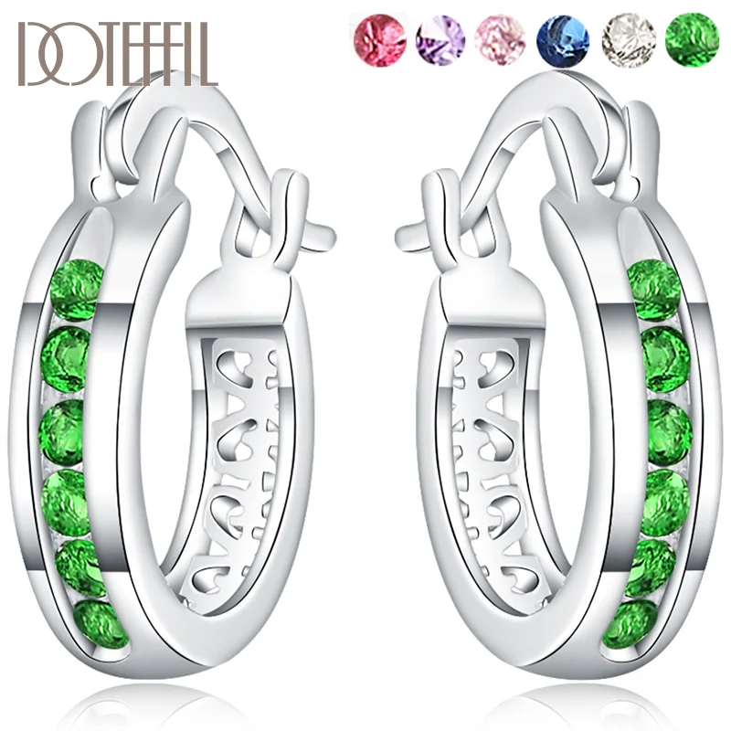 DOTEFFIL 925 Sterling Silver AAA Green/White/Red/Pink/Purple/Blue Zircon Hoop Earrings For Woman Jewelry