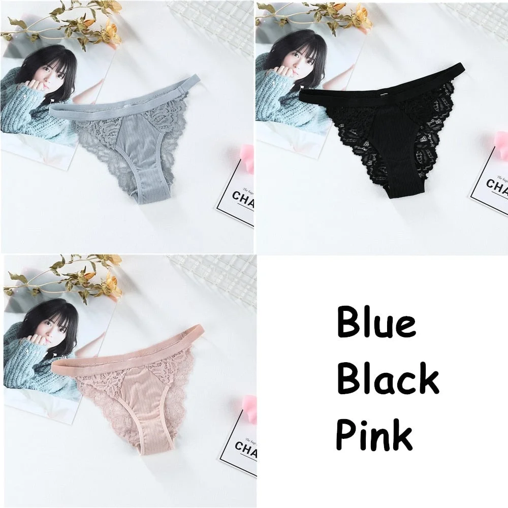 3PCS Soft Cotton Women Underwear Panties Solid Comfort Underpants Seamless Lace Briefs For Woman Sexy Low-Rise Panty Intimates