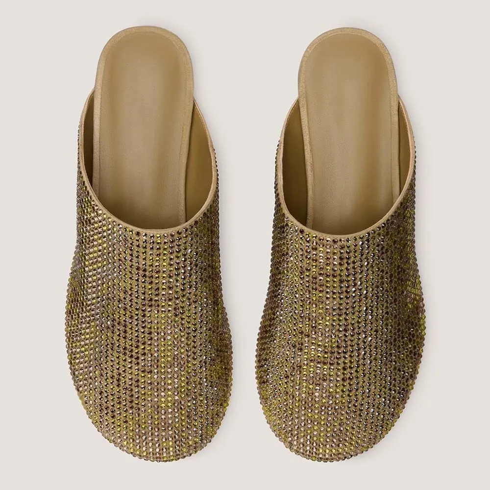 Olive Vegan Suede Slip On Flat Round Toe Rhinestone Mules for Women