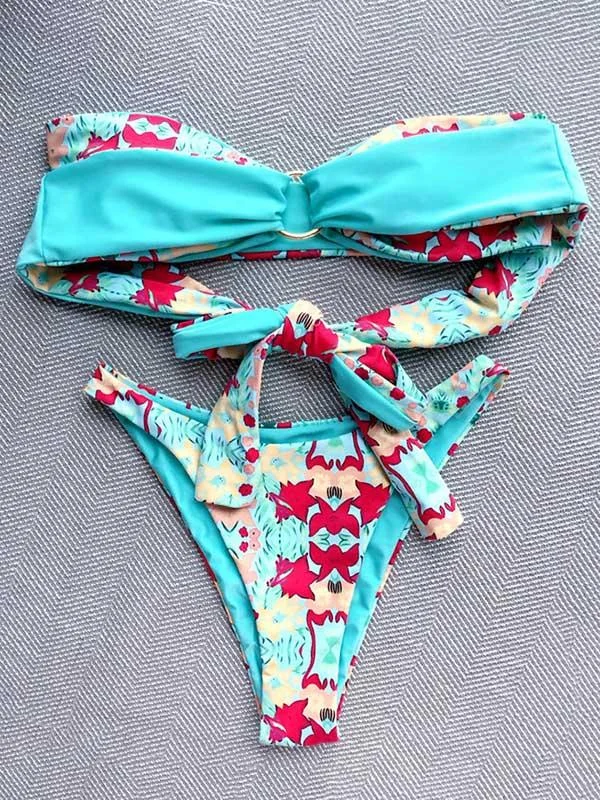 Floral-Print Split-Joint Bandage Bandeau Split Bikini Swimsuit