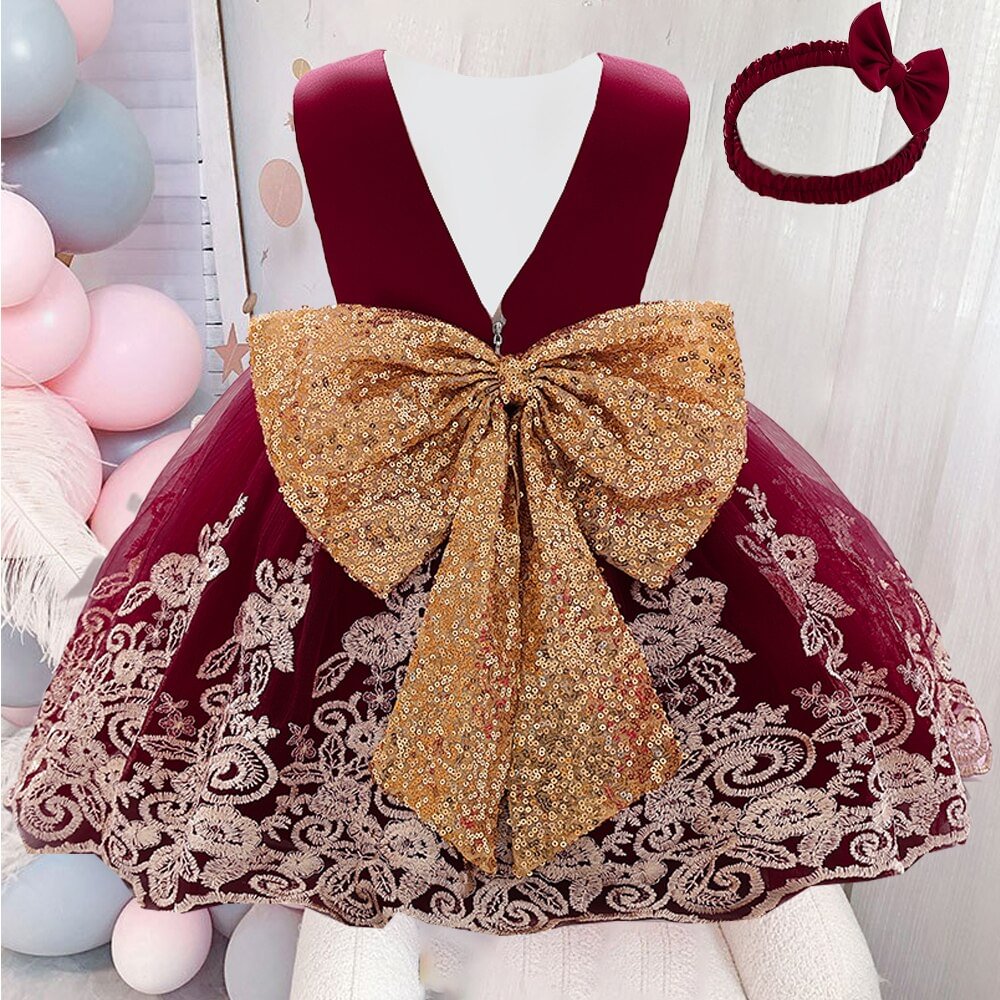 2022 Summer Sequin Big Bow Baby Girl Dress 1st First Birthday Party Wedding Dress For Girl Princess Evening Dresses Kid Clothes