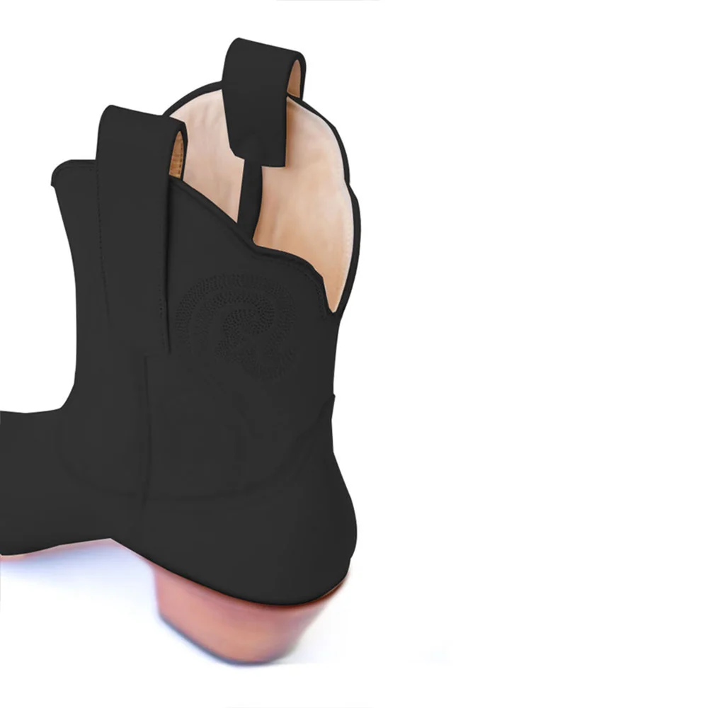 Black Embroidered Snip Toe Chunky Heel Western Short Boots for Women