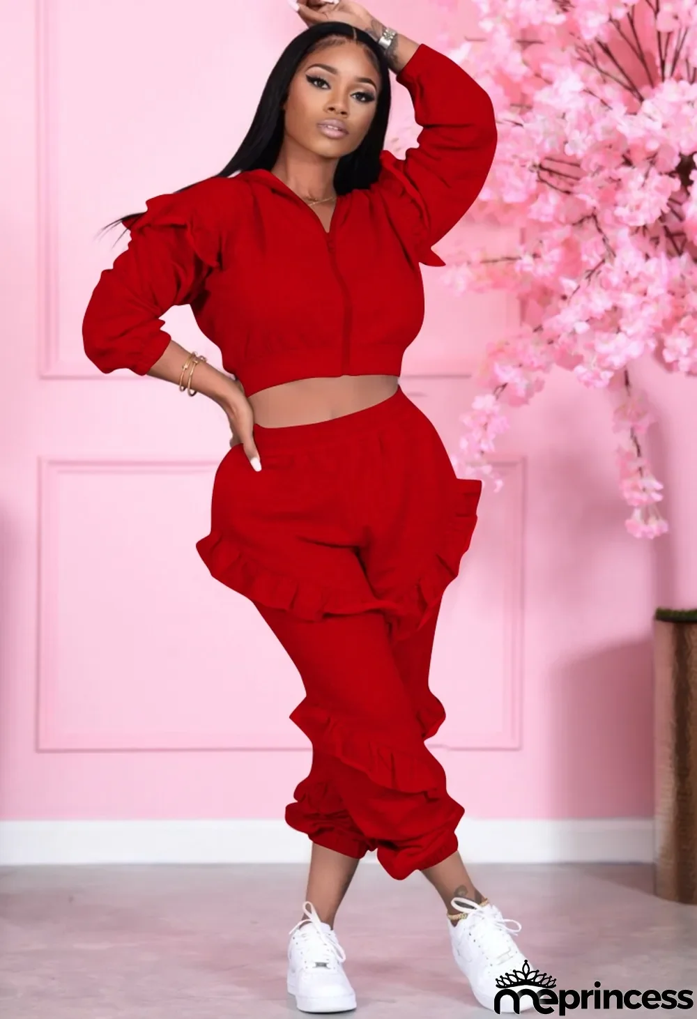 Spring Red Ruffles Hoody Crop Top and Pants Two Piece Set
