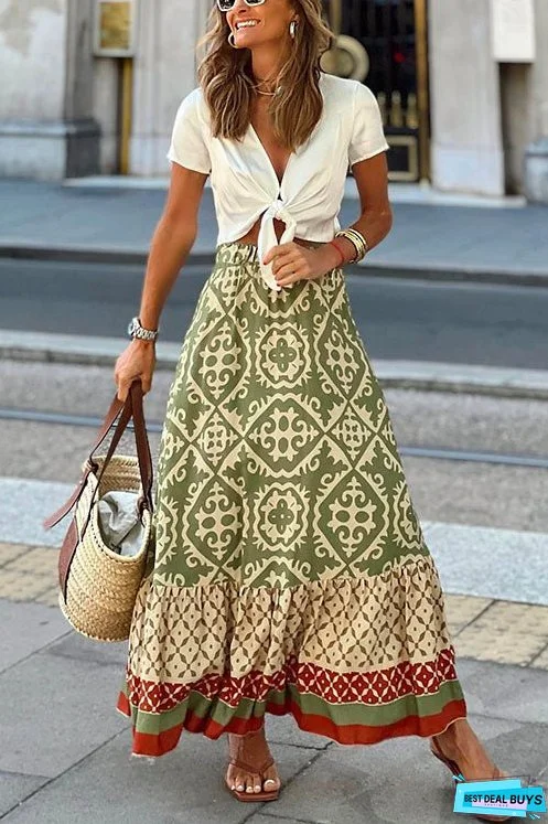 Meridress Bohemia Printed Elastic Waist Ruffle Maxi Swing Skirt