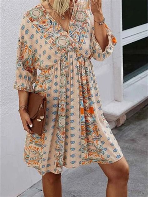 Women's Short Sleeve V-neck Floral Printed Lace-up Midi Dress