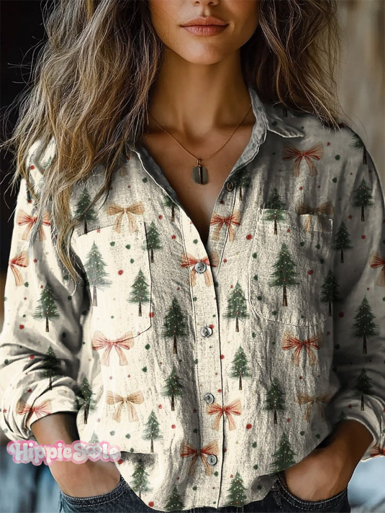 Lovely Christmas Tree And Ribbon Pattern Printed Women’s Casual Long Sleeve Comfortable Cotton