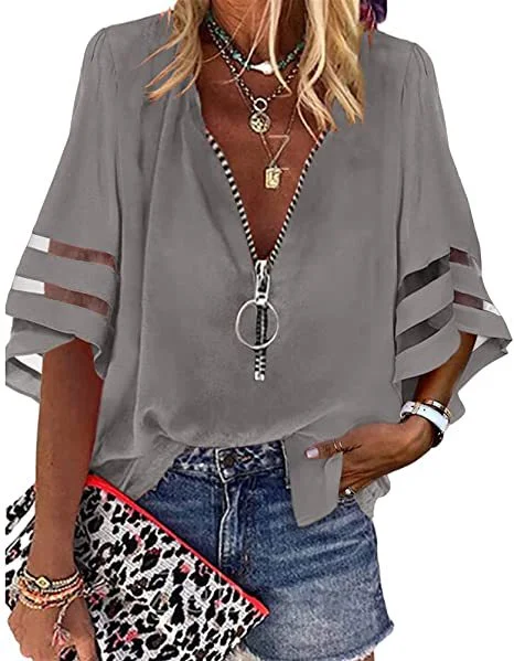 Brownm Zipper Half Bell Sleeve Mesh Solid Color Stitching Loose Casual Women's Shirt