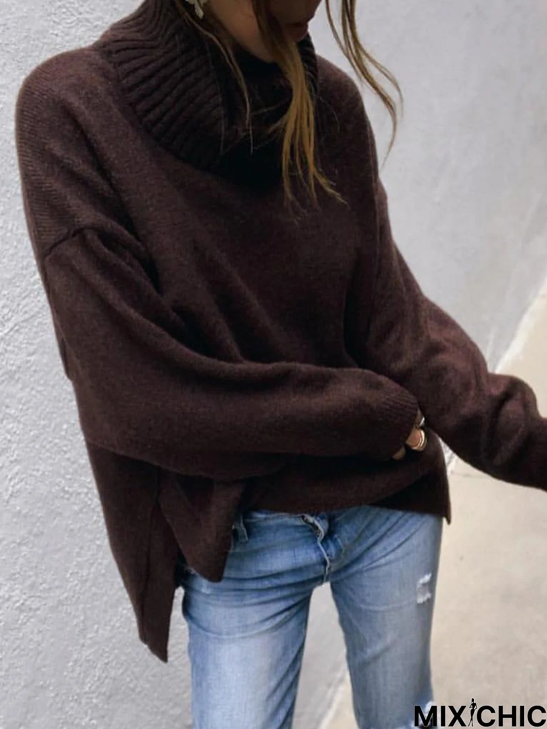 Black-Brown Turtleneck Casual Solid Plus Size Sweater