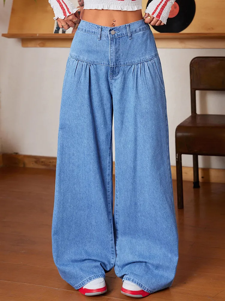 Loose Wide Leg Buttoned Elasticity Pleated Pockets Solid Color Jean Pants Bottoms