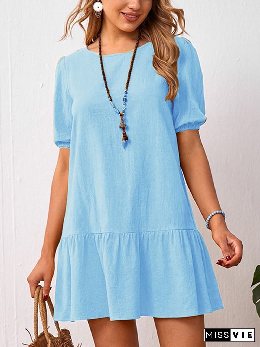 Solid Loose Waist Round Neck Dress