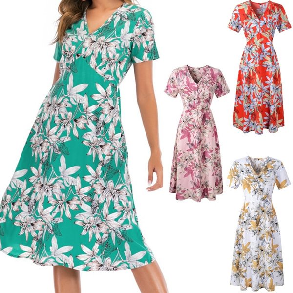 Women Summer Floral Print V-Neck Elastic Waist Long Dress - Shop Trendy Women's Clothing | LoverChic