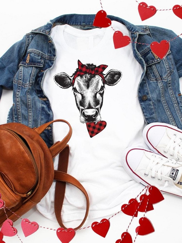 Bestdealfriday Valentine's Day Red Plaid Heart Shaped Cow Graphic Tee