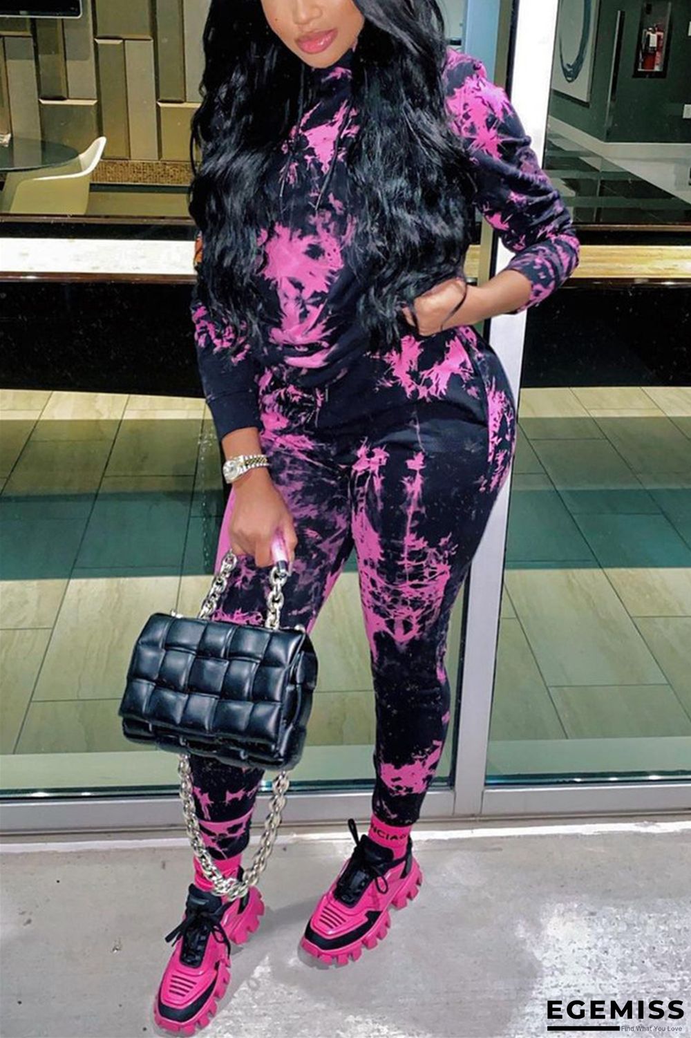 rose red Fashion Casual Print Tie Dye Tie-dye Hooded Collar Long Sleeve Regular Sleeve Regular Two Pieces | EGEMISS