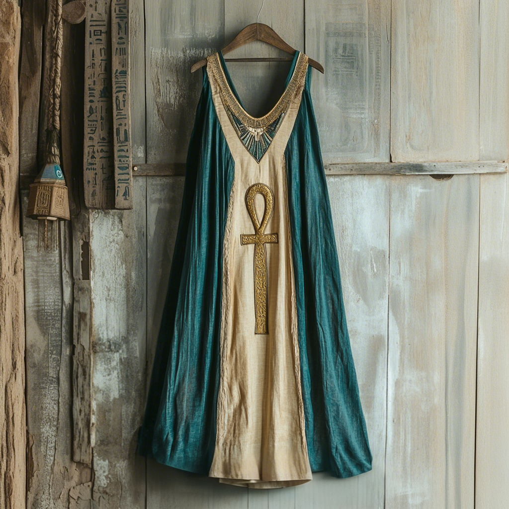 Women's Ankh Ancient Egyptian Folk Embroidered Linen Maxi Dress