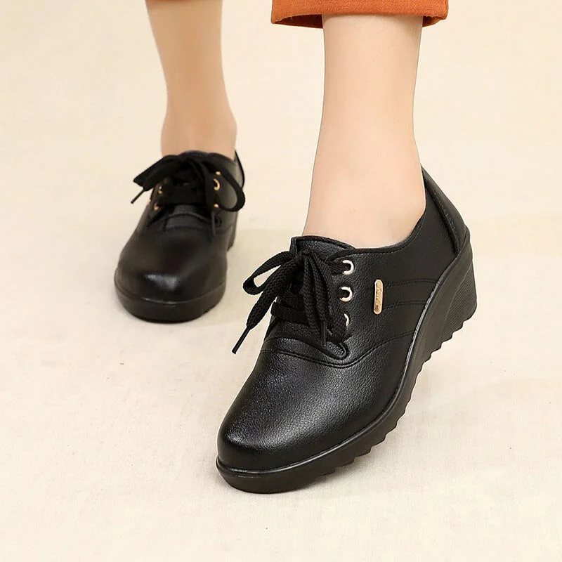 GKTINOO 2022 Spring Autumn Women's Leather Sneakers Platform Shoes Lady Wedge Casual Shoes Mother High Heels Lace-up Shoes