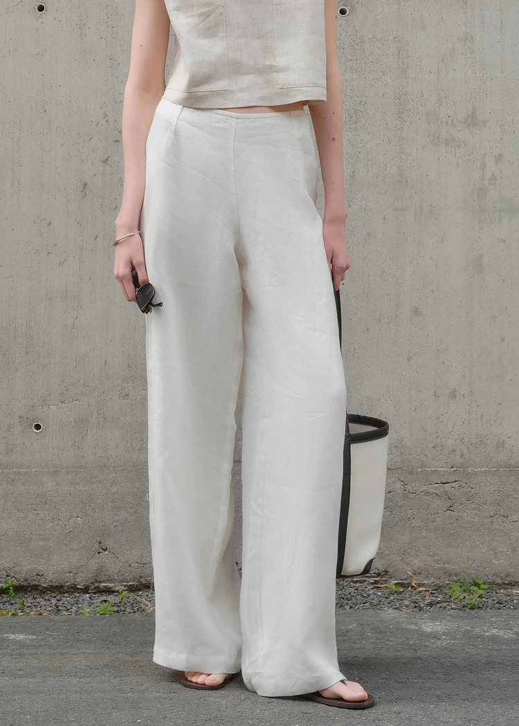 Women Simple Beige Versatile Linen Wide Leg Pants Summer
