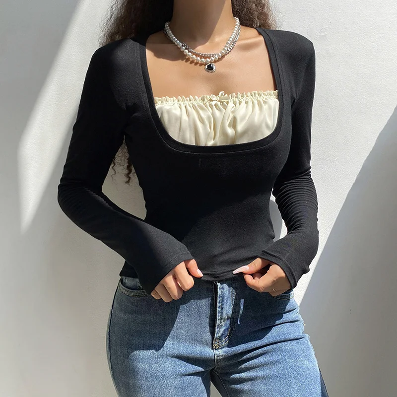 Square Neck Ruffled Pleated Long-Sleeved T-Shirt