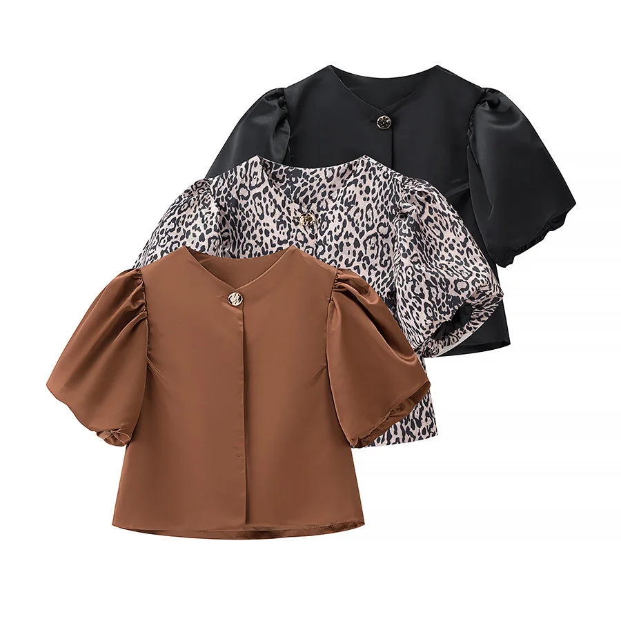 Nigikala Nigikala Temperament Women's Top Print Simple Short Sleeve Three-Color New Spring Loose Bubble Sleeve Shirt