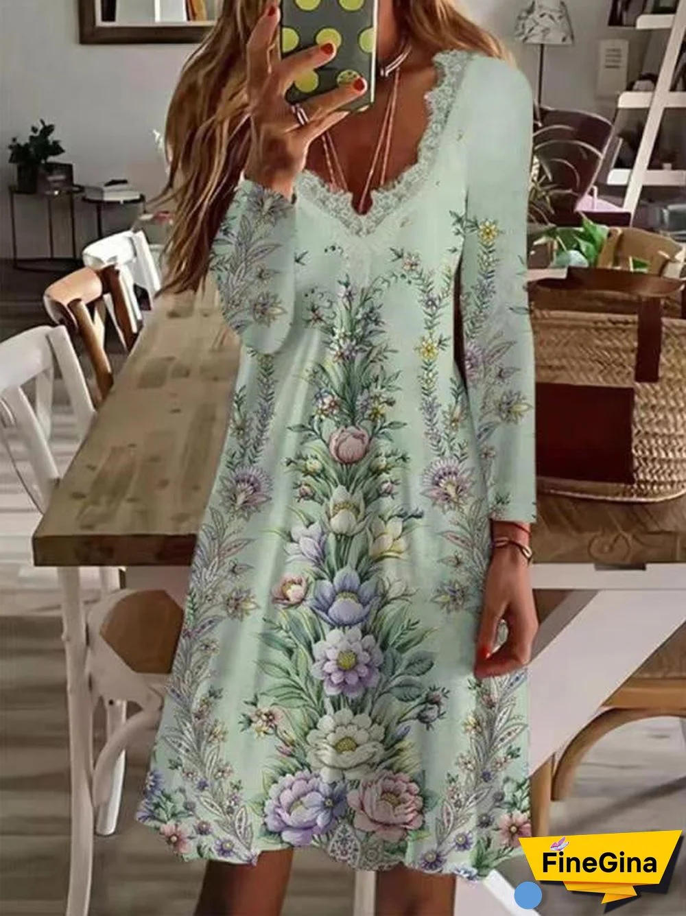 Women's Long Sleeve V-neck Graphic Floral Printed Midi Dress