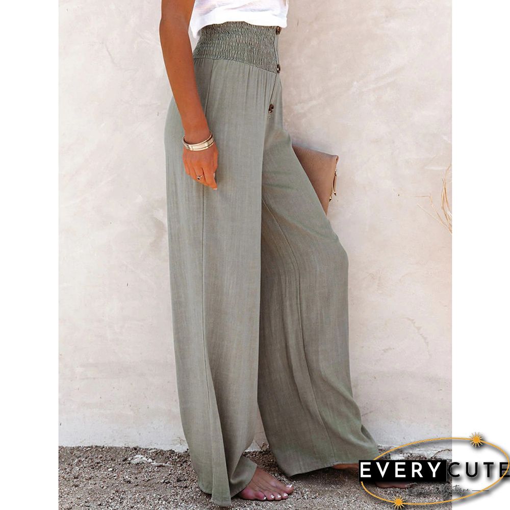 Greyish Green Elastic Waist Wide Leg Casual Pants