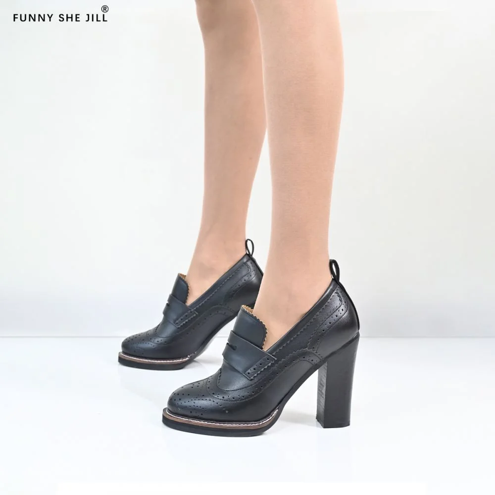 Classic Black Loafers Chunky Heel Loafers Brogue Shoes For Women Nicepairs