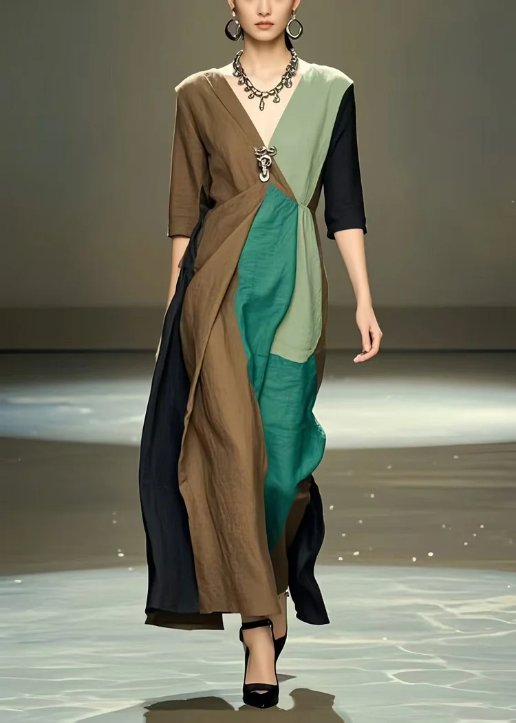 Handmade Polychrome Asymmetrical Patchwork Cotton Dress Half Sleeve