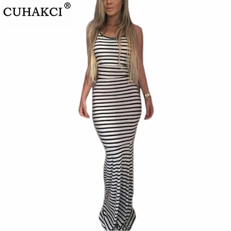 CUHAKCI Summer Long Evening Party Strap Sexy Maxi Dress Striped Women Backless Black White