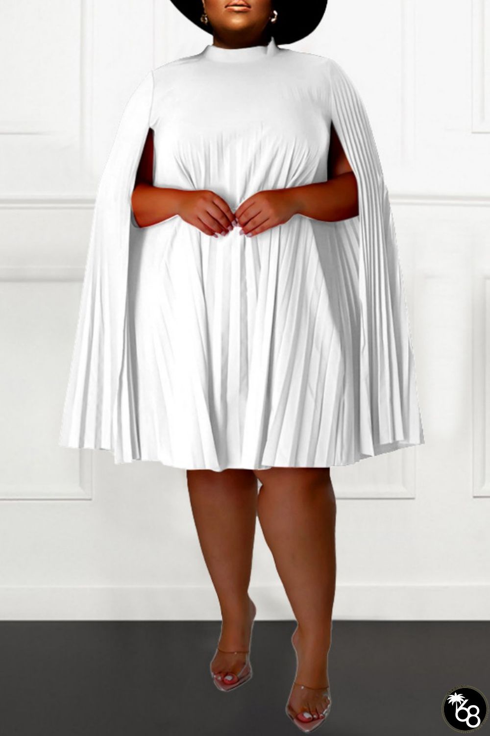 White Casual Solid Patchwork Fold Half A Turtleneck Plus Size Dresses | 168DEAL