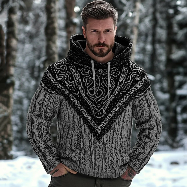 VChics Men's Viking Wolf Knit Jacquard Warm Hooded Sweater