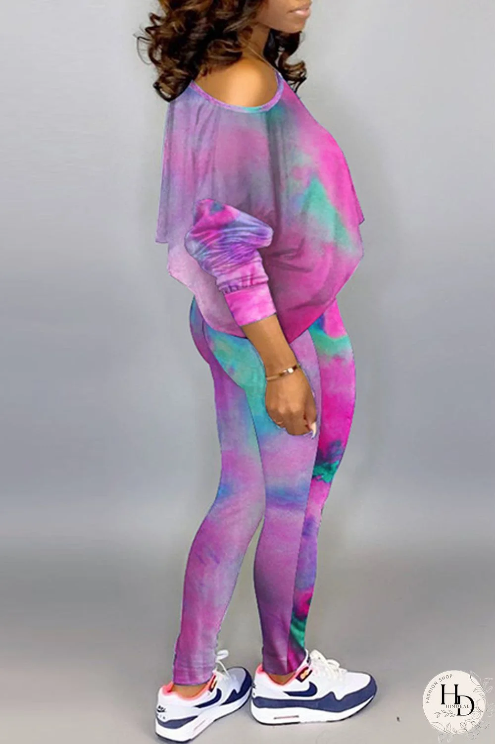 Green Fashion Casual Print Tie-dye Oblique Collar Long Sleeve Two Pieces