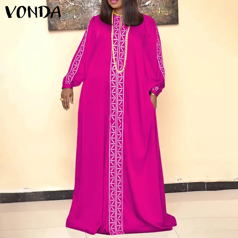 Summer Sexy V Neck Solid Women Maxi Dresses VONDA 2022 Ladies Pleated Baggy Vestidos Female Patchwork Print Party Robes Longue