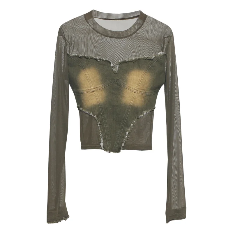 Uveng Real Shooting Hottie Water Wash Side Of The Cowboy Splicing Mesh Yarn Long Sleeve Blouse Short High-Waisted T-Shirt 1366