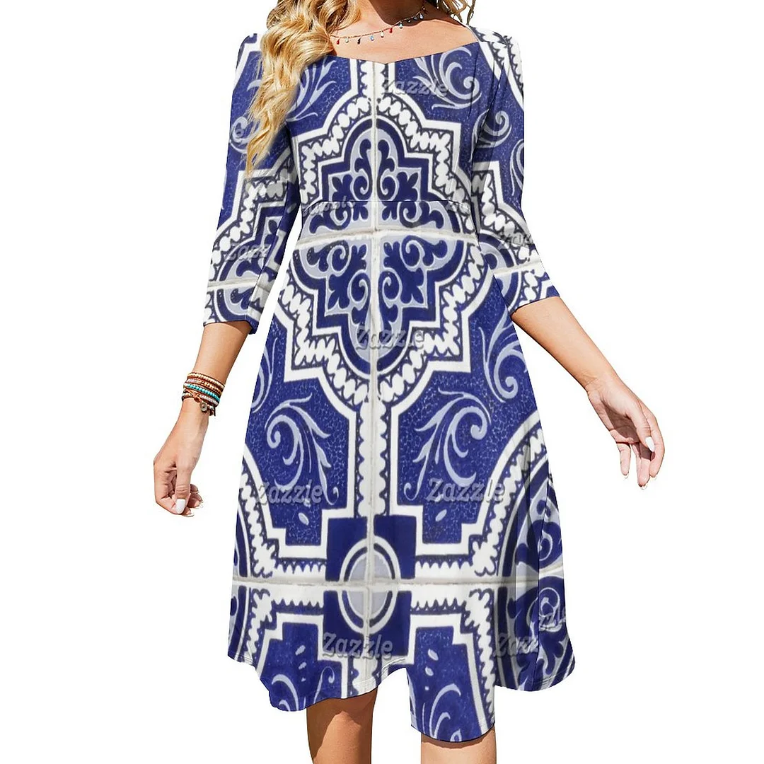 Rustic Vintage Portuguese Tiles Pattern Azulejo Dress Sweetheart Tie Back Flared 3/4 Sleeve Midi Dresses