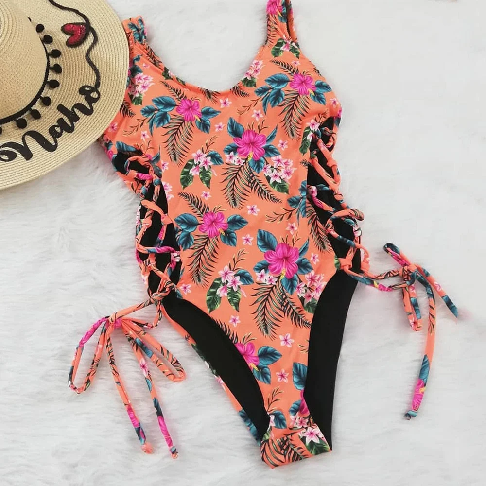2021 New Sexy Ruffle Print Floral One Piece Strappy Slimming Swimwear Women Swimsuit Deep-V Bathing Suit Beach Wear Monkini