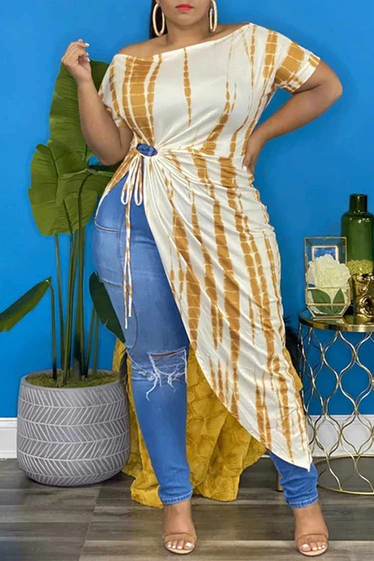 Yellow Fashion Casual Print Bandage Asymmetrical O Neck Plus Size Tops