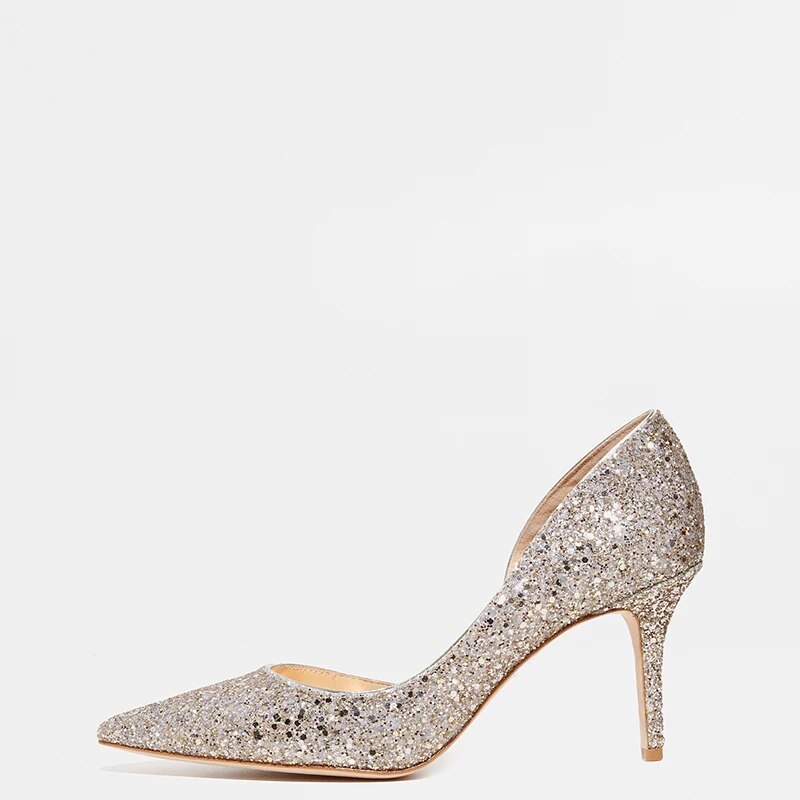 TAAFO Sequined Cloth D'Orsay High Thin Heels Pumps Women Pointed Toe Lady Evening Party Shoes