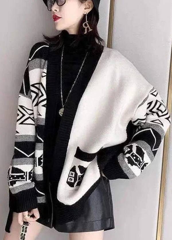 Stylish Black Oversized Patchwork Print Knit Loose Cardigans Winter