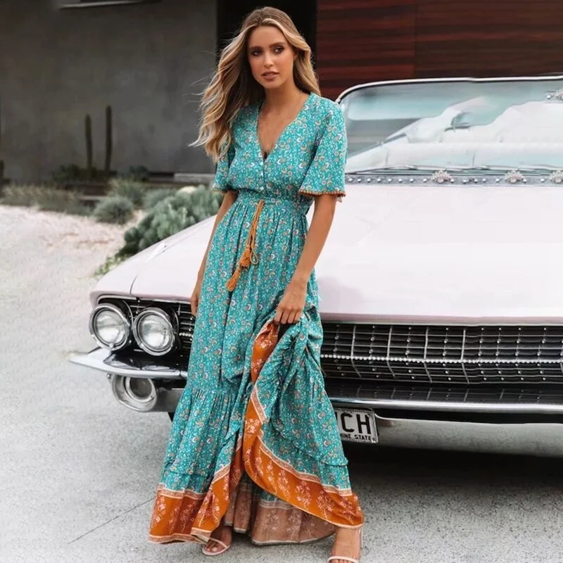 Boho Maxi Dress Women Retro Floral Print Short Sleeve V Neck High Waist Dresses Female Summer Beach Long Dress Ladies Vestidos