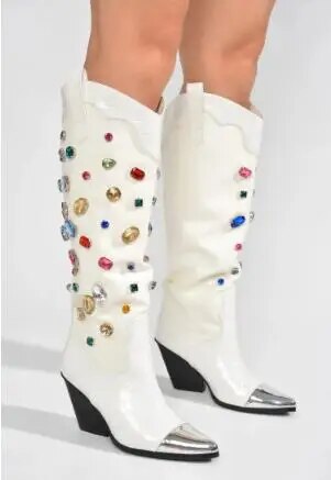VCSHOES Women White Black Leather Mixed Diamond Metal Pointed Toe Knee High Boots Ladies Block Heel Knight Boots Shoes